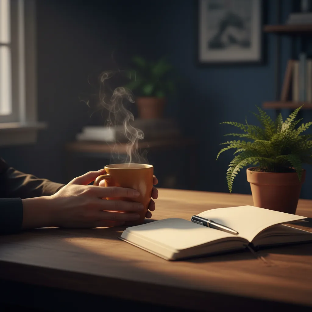 Handen met kruidenthee en notitieboek - redactionele sfeer The Bramble Wellness blog